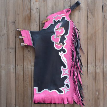 CH862F- HILASON PRO RODEO BRONC BULL-RIDING BLACK SMOOTH LEATHER CHAPS PBR PRCA