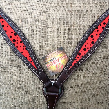 HILASON WESTERN LEATHER HORSE BREAST COLLAR BLACK W/ RED BLACK DOT INLAY
