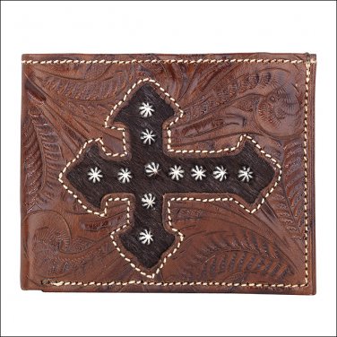 AMERICAN WEST WALLETS MENS BI FOLD PURSE TAN CHOCOLATE HAIR CROSS SIGN