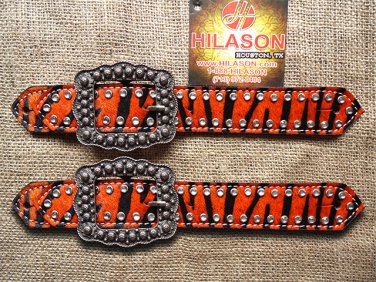 PS130CN140F- HILASON WESTERN ORANGE ZEBRA HAIR ON LEATHER SPUR STRAPS W/ BUCKLE