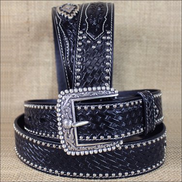 32 in M&F WESTERN ARIAT SANDS BLACK MENS LEATHER BELT BASKET WEAVE W/ CONCHO