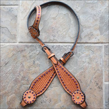 S502 HILASON WESTERN LEATHER HORSE ONE EAR BRIDLE HEADSTALL TAN PINK RHINESTONES
