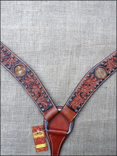HILASON WESTERN LEATHER HORSE  BREAST COLLAR DARK OIL BLACK INLAY HAIR ON INLAY