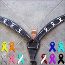 HILASON WESTERN LEATHER HORSE BREAST COLLAR BROWN W/ WHITE BREAST CANCER RIBBON