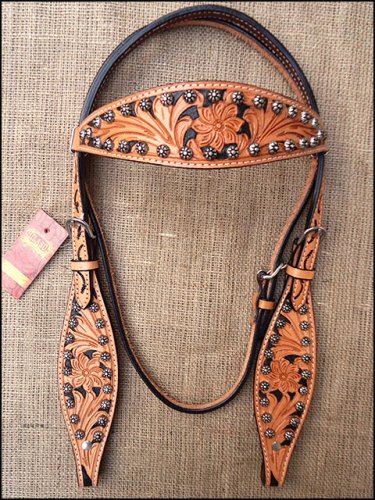 HILASON WESTERN LEATHER HORSE BRIDLE HEADSTALL TAN W/ BLACK HAND PAINT INLAY