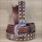 42 INCH WESTERN ARIAT LEATHER MENS BELT STUDS CONCHOS BASKET WEAVE BROWN