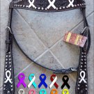 HILASON WESTERN LEATHER HORSE BRIDE HEADSTALL BROWN WHITE BREAST CANCER RIBBON