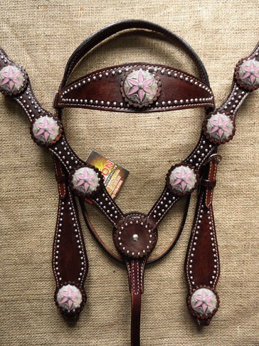 HILASON WESTERN LEATHER HORSE BRIDLE HEADSTALL BREAST COLLAR BROWN PINK CONCHO