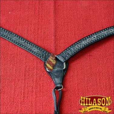 HILASON WESTERN LEATHER HORSE BREAST COLLAR ANTIQUE BLACK HAND FLORAL CARVED