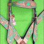 HILASON WESTERN LEATHER HORSE BRIDLE HEADSTALL BREAST COLLAR TAN GREEN