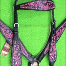 HILASON WESTERN LEATHER HORSE BRIDLE HEADSTALL BREAST COLLAR BLACK MAGENTA
