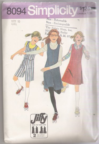 Girls' Jumper and Culotte Jumper Simplicity #8094 Sewing Pattern