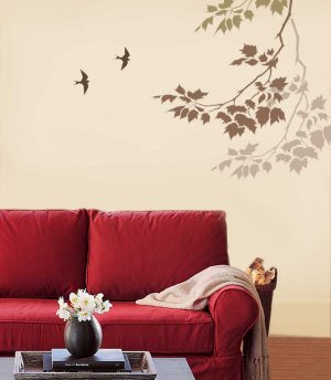 WALL STENCIL SYCAMORE REACHING BRANCH+Bird STURDY 12MIL