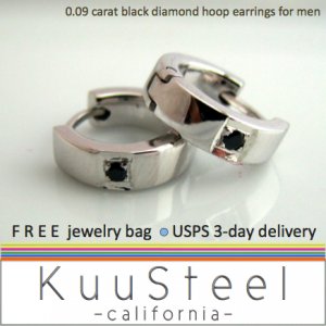 Mens Black Diamond Hoop Earrings - 18K White Gold over 925 sterling silver - Medium (#E151SW)