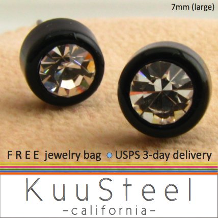 Men's diamond stud earrings, faux cz diamond studs, L, black, EC436