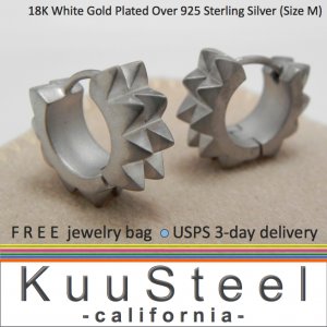 Sterling Silver Hoop - Mens Earrings 18K White Gold Plated -Double Spikes Medium (E154MW)