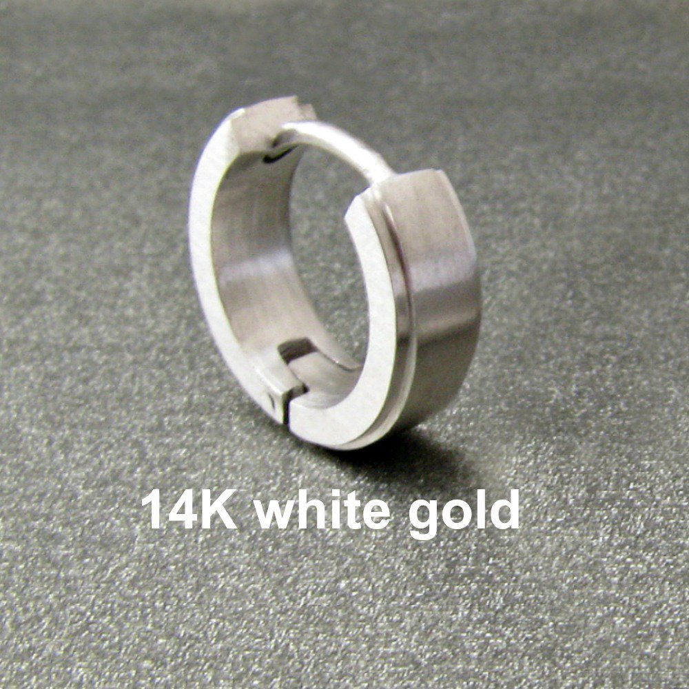 Mens earring, solid white gold huggie hoop earring, 14K single earring