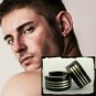 Men's hoop earrings, black stainless steel with silver stripes, M, black, EC176