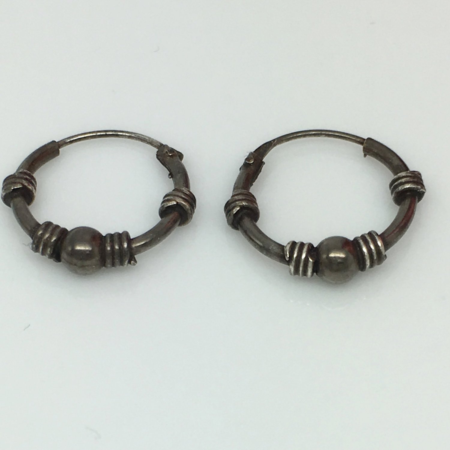 Black wire hoop earrings, men's hoop earrings, sphere and coil accents