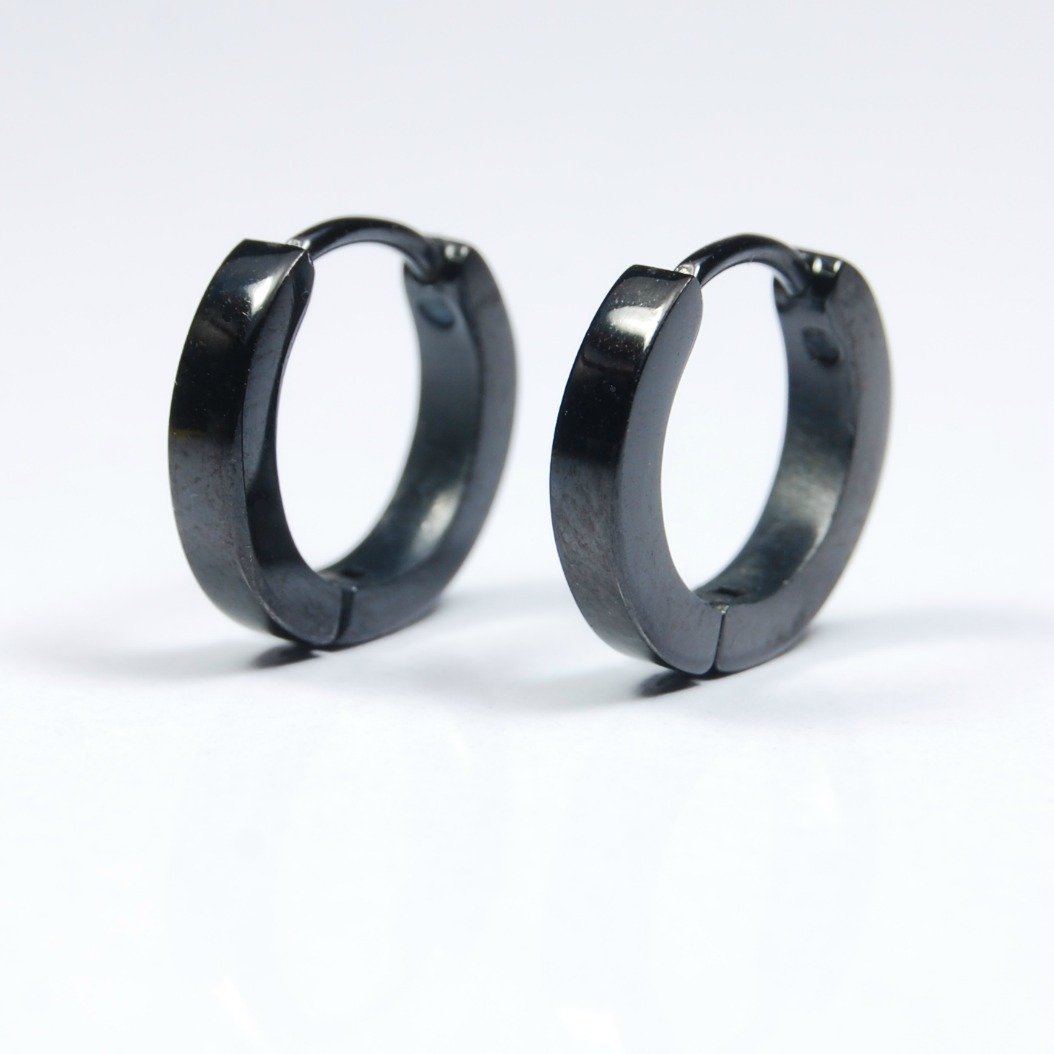 Men's black hoop earrings, curved edges, M, black, EC136