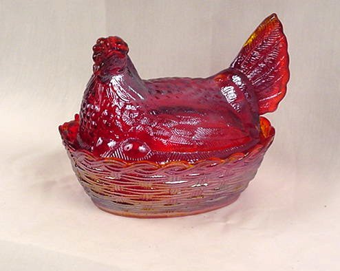 Ruby Red Carnival Glass Chicken/Hen On Nest