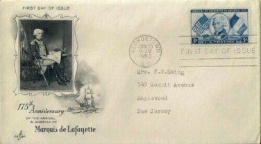 FDC Scott # 1010 / Cachet 1952 / Marquis De Lafayette