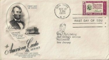 FDC Scott # 1143 / Cachet 1960 /  Abraham Lincoln ~ American Credo Series