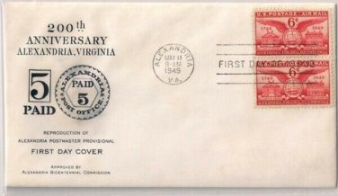 FDC Scott # C40 / Cachet 1949 /  200th Anniversary. Alexandria, VA  (Pair)