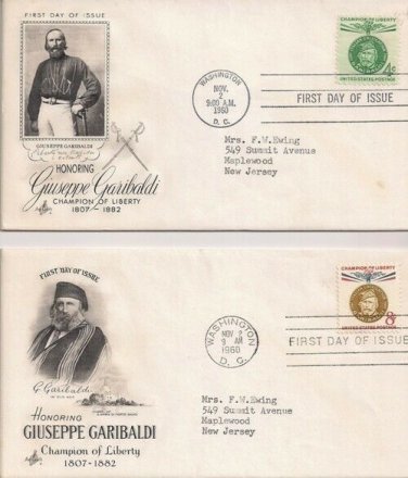 FDC Scott # 1168-1169 / Cachet 1960 /  Giuseppe Garibaldi   (2 Stamp set)