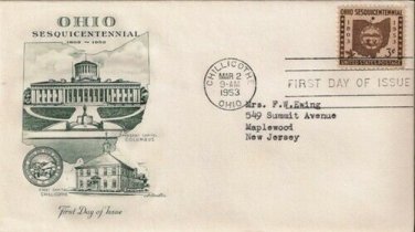 FDC Scott # 1018 / Cachet 1953 /  Ohio Statehood