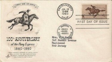 FDC Scott # 1154 /  Cachet 1960  /  The Pony Express