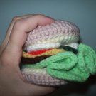 Play Food Hand Crocheted Cheeseburger / Hamburger - lettuce, tomato, cheese, pickle, onion,