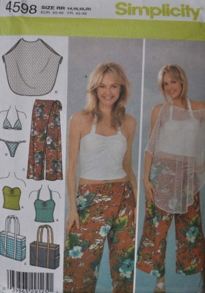 Simplicity 4598 Misses cropped pants, poncho, woven swimsuit, bag, knit top 14-20