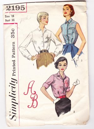 Simplicity 2195 BLOUSES 16 vintage 50's