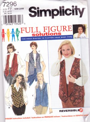 Simplicity 7296 Womens Reversible Vest 18W-24W