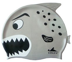 Gray Kid Swimming Pool Happy Fish shark Swim Silicon Fabric Cap/Bathing Cap