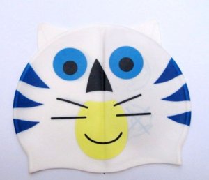 Kid Swimming Pool Cat Tiger Swim Sliccon Fabric Cap / Bathing Cap White