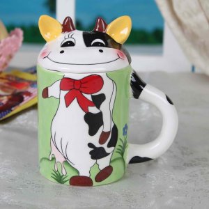 Hand Painted Cartoon Cow Animal Cup Mug with Lid