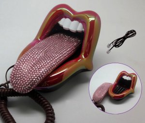 Crystal Rhinestone Mouth Lips Kiss Tongue Novelty Retro Corded Telephone