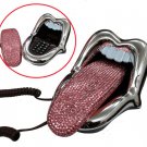 Crystal Rhinestone Mouth Lips Kiss Tongue Novelty Retro Corded Telephone Silver