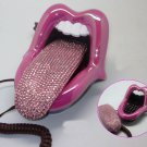 Crystal Rhinestone Mouth Lips Kiss Tongue Novelty Retro Corded Telephone Fuschia