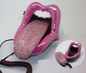 Crystal Rhinestone Mouth Lips Kiss Tongue Novelty Retro Corded Telephone Fuschia