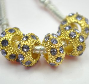 5pcs Gold Purple Rhinestone Beads Charm Fits Bracelet P257