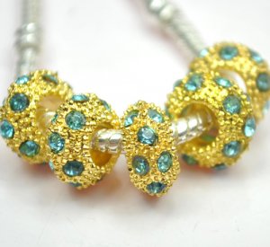 5pcs Gold Aqua Rhinestone Beads Charm Fits Bracelet P259