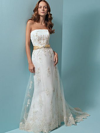 Refined/Strapless/Satin&Mesh/with Appliques/A-Line/Floor Length/Wedding Dress/AA015