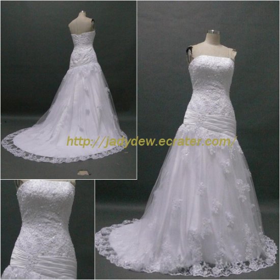 Free Shipping/A-line/Strapless/Satin&Lace/Court train/Bridal Wedding Dress/CWD016