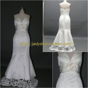 Free Shipping/A-line/V-neck/Satin&Lace/Court train/Bridal Wedding Dress/CWD018