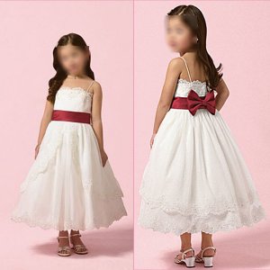 Free Shipping/A-line/Spaghetti/Satin/Tea-Length/Flower girls dresses/FG017