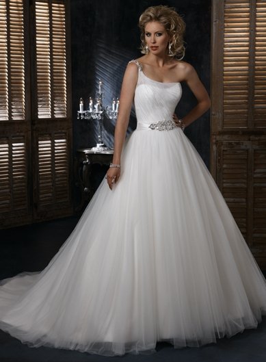 Free Shipping/A-line/One-shoulder/Satin&Mesh/Chapel train/Bridal Wedding Dress/GG113
