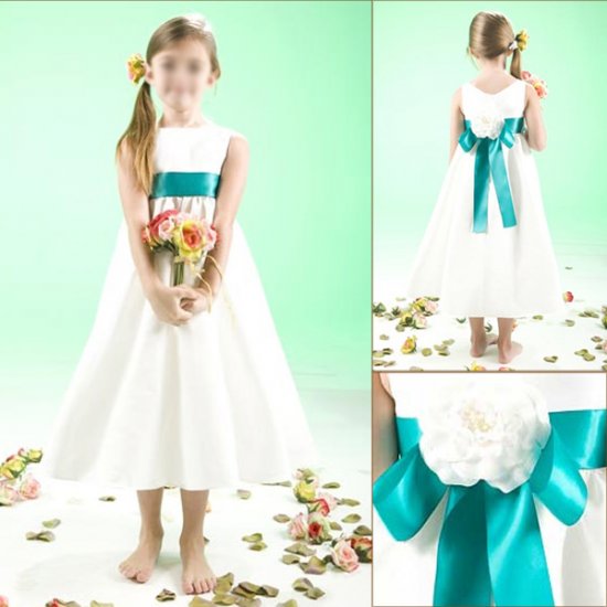 Free Shipping/A-line/Sleeveless/Satin/Tea-Length/Flower girls dresses/FG058